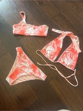 Women’s Tie-Dye Coral Pink Bikini Set - 3-Piece Swimwear